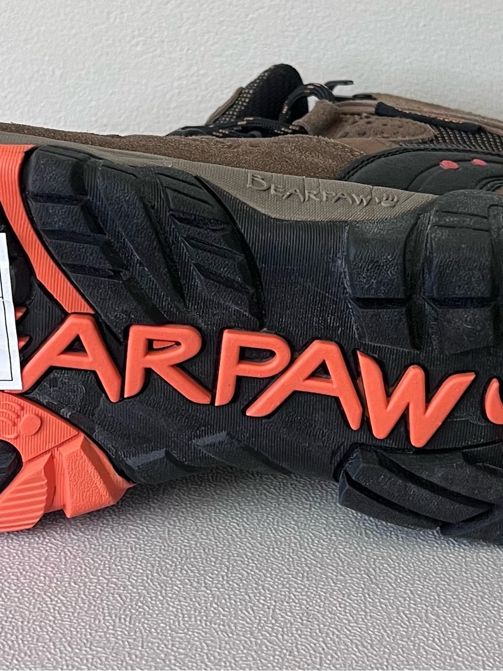 BearPaw Men's Size 11 Brown Hiking Boot with Orange Sole Accents